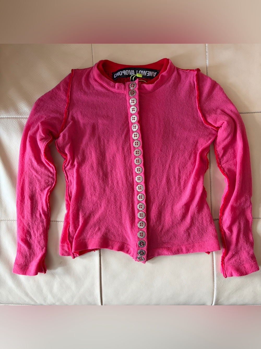 Chopova Lowena pink fishnet cardigan